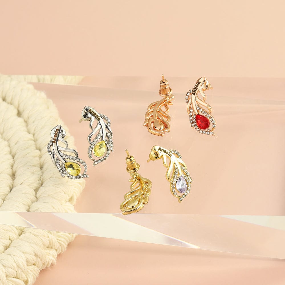 Mother's Day Gift Feather Shaped Custom Birthstone Earring