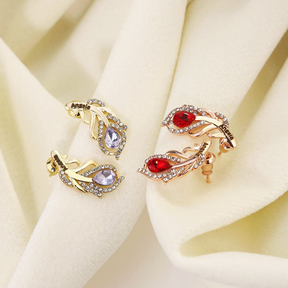 Mother's Day Gift Feather Shaped Custom Birthstone Earring