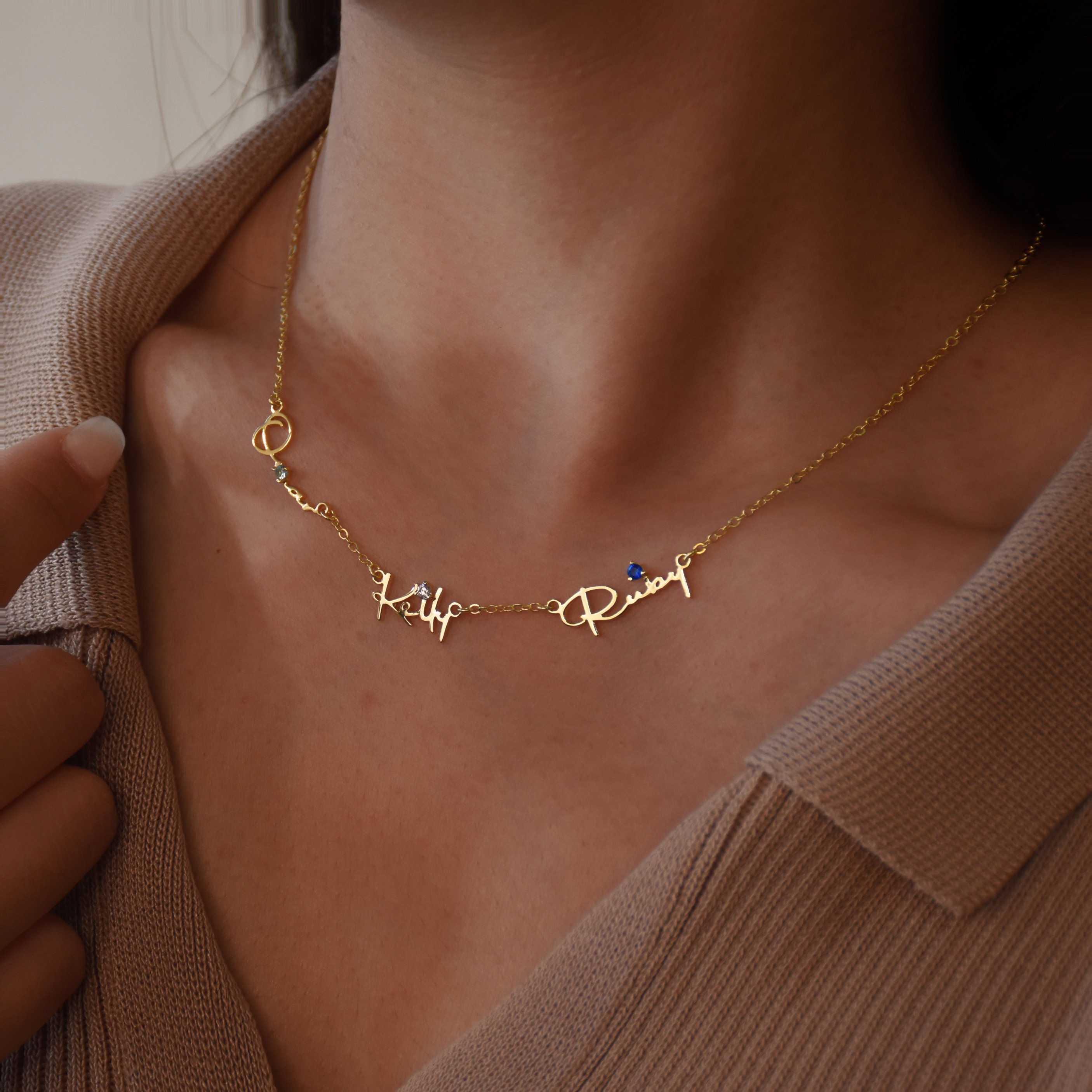 Personalised Multiple Family Birthstone Name Necklace