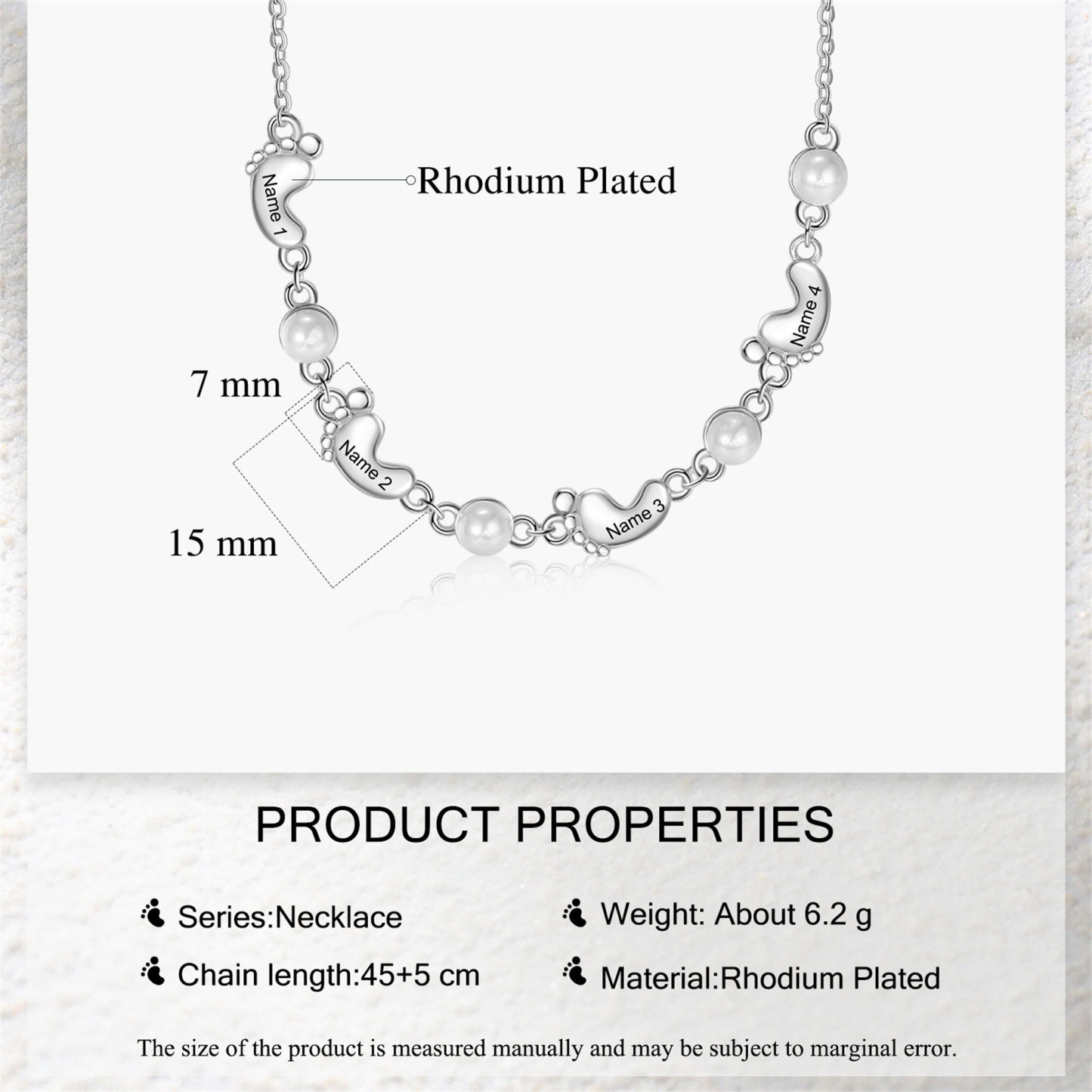 Custom Baby Foot Pearl Necklace Engraved Kids Names