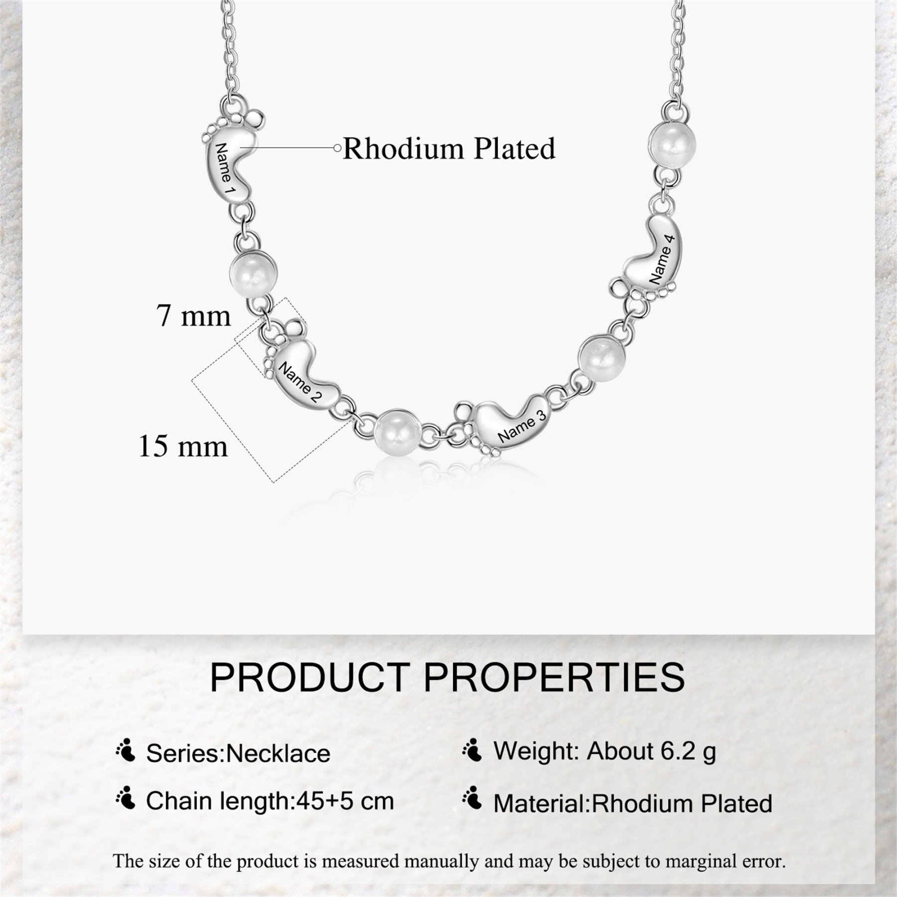 Custom Baby Foot Pearl Necklace Engraved Kids Names