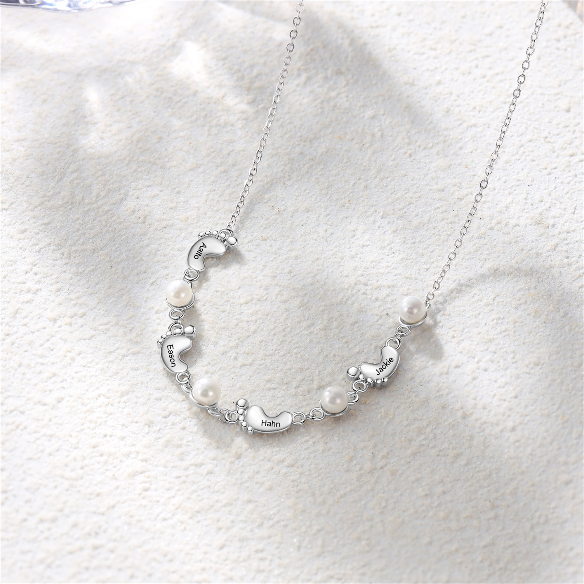 Custom Baby Foot Pearl Necklace Engraved Kids Names