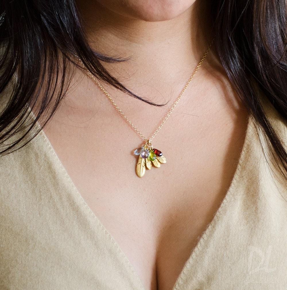 Custom Birthstone Boho Feather Charm Necklace