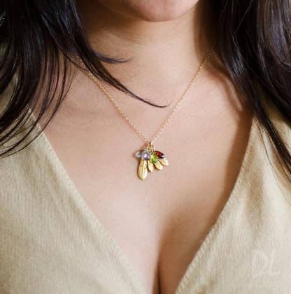 Custom Birthstone Boho Feather Charm Necklace