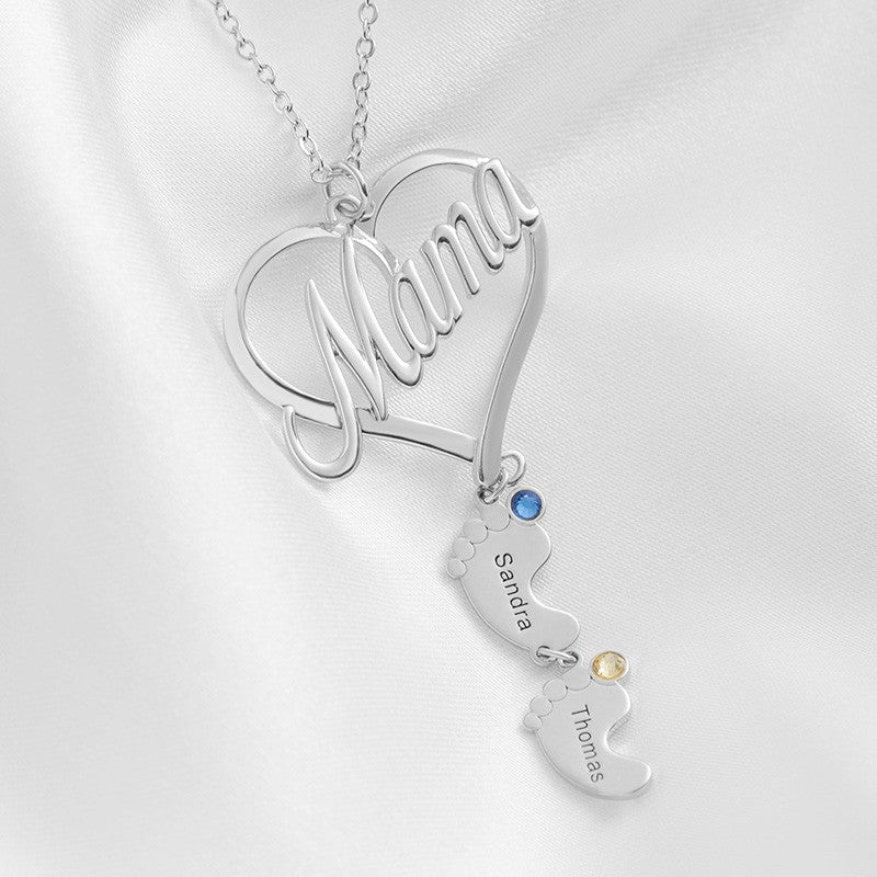 Mama Heart Pendant With Birthstone Baby Feet Necklace