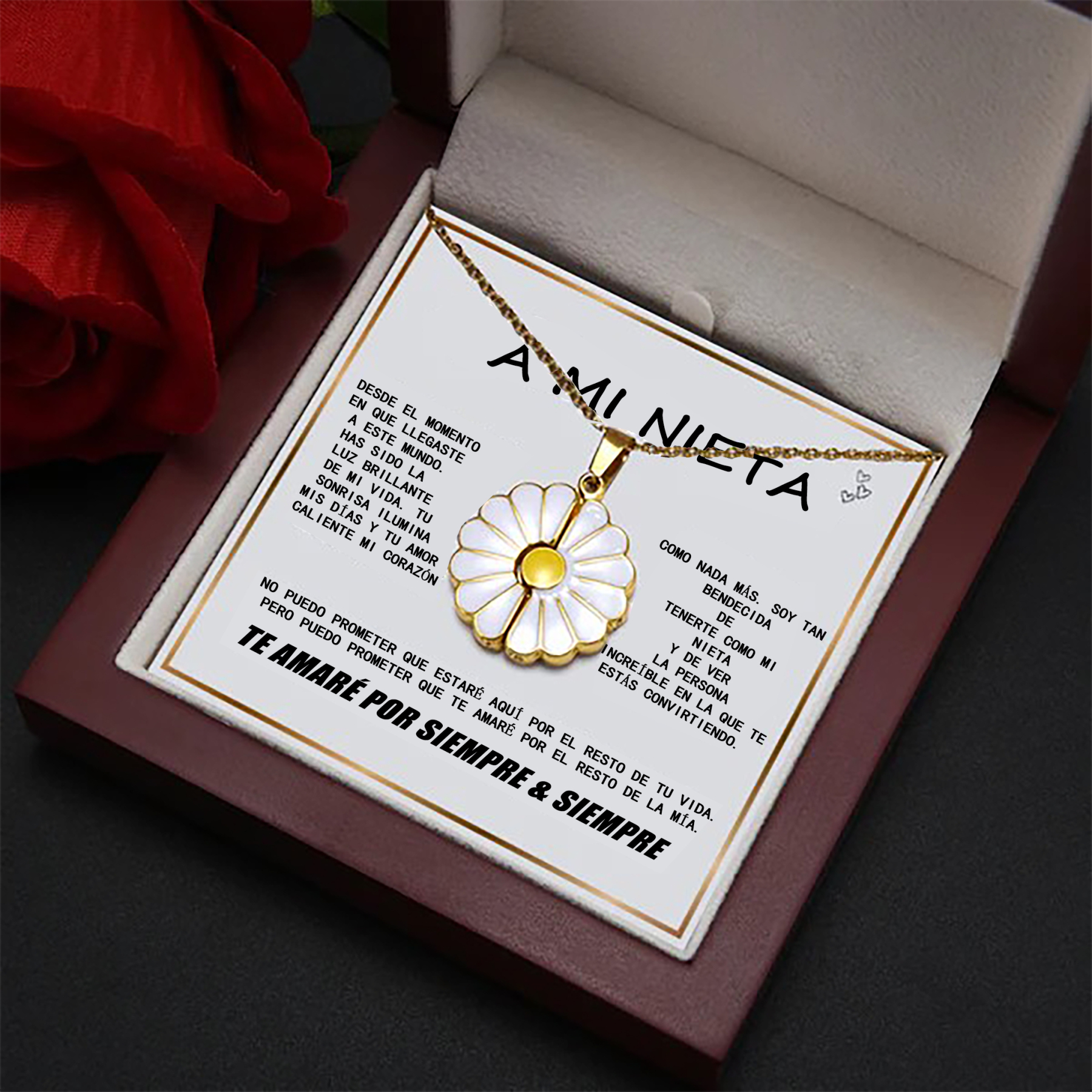 Collar de girasol personalizado para nieta con caja LED de lujo