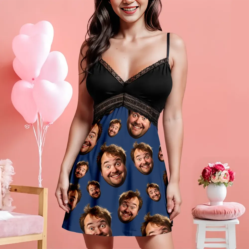 Custom Face Women Lace Suspender Sleepwear Personalized V-neck Multi-Color Nightwear