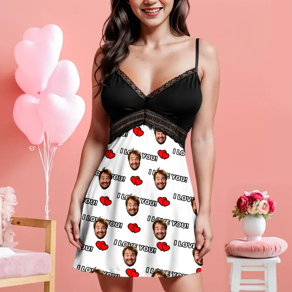 Custom Face Women Lace Suspender Sleepwear I Love You Personalized V-neck Multi-Color Nightwear
