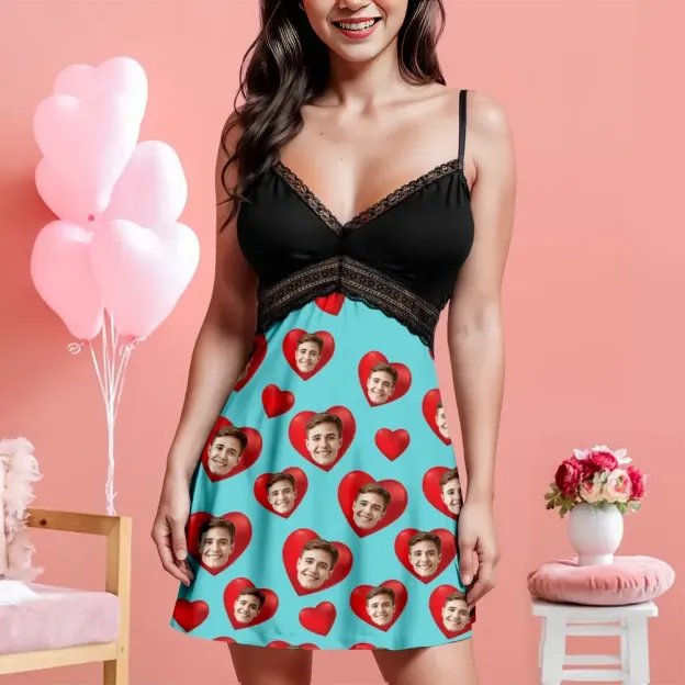 Custom Face Women Lace Suspender Sleepwear Personalized Heart V-neck Multi-Color Nightwear