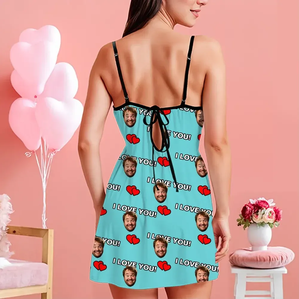 Custom Face Women Lace Suspender Sleepwear I Love You Personalized V-neck Multi-Color Nightwear