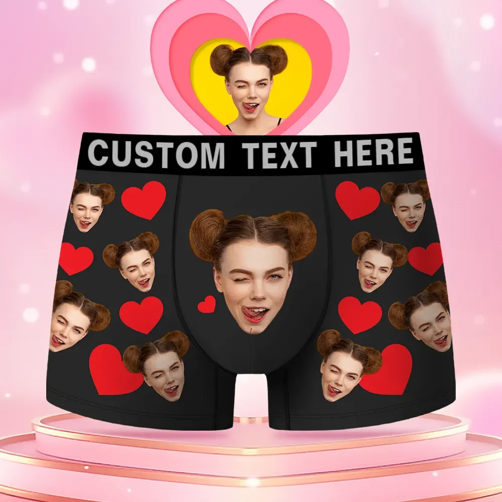 Custom Face Men's Boxer Red Heart Style Underwear, Birthday Gifts for 