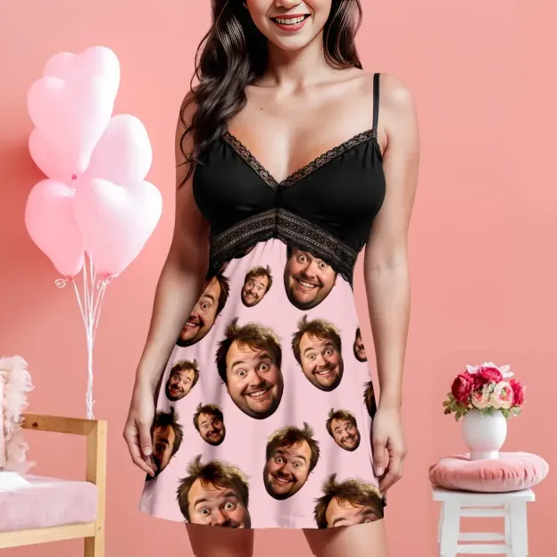 Custom Face Women Lace Suspender Sleepwear Personalized V-neck Multi-Color Nightwear