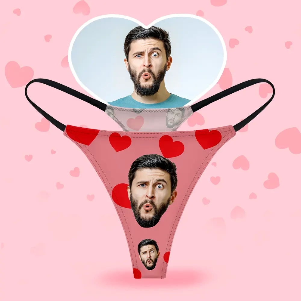 Custom Face Women's Thongs Red Heart Style Underwear, Birthday Gifts for Wife and Girlfriend