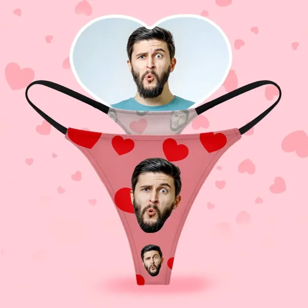 Custom Face Women's Thongs Red Heart Style Underwear, Birthday Gifts for Wife and Girlfriend