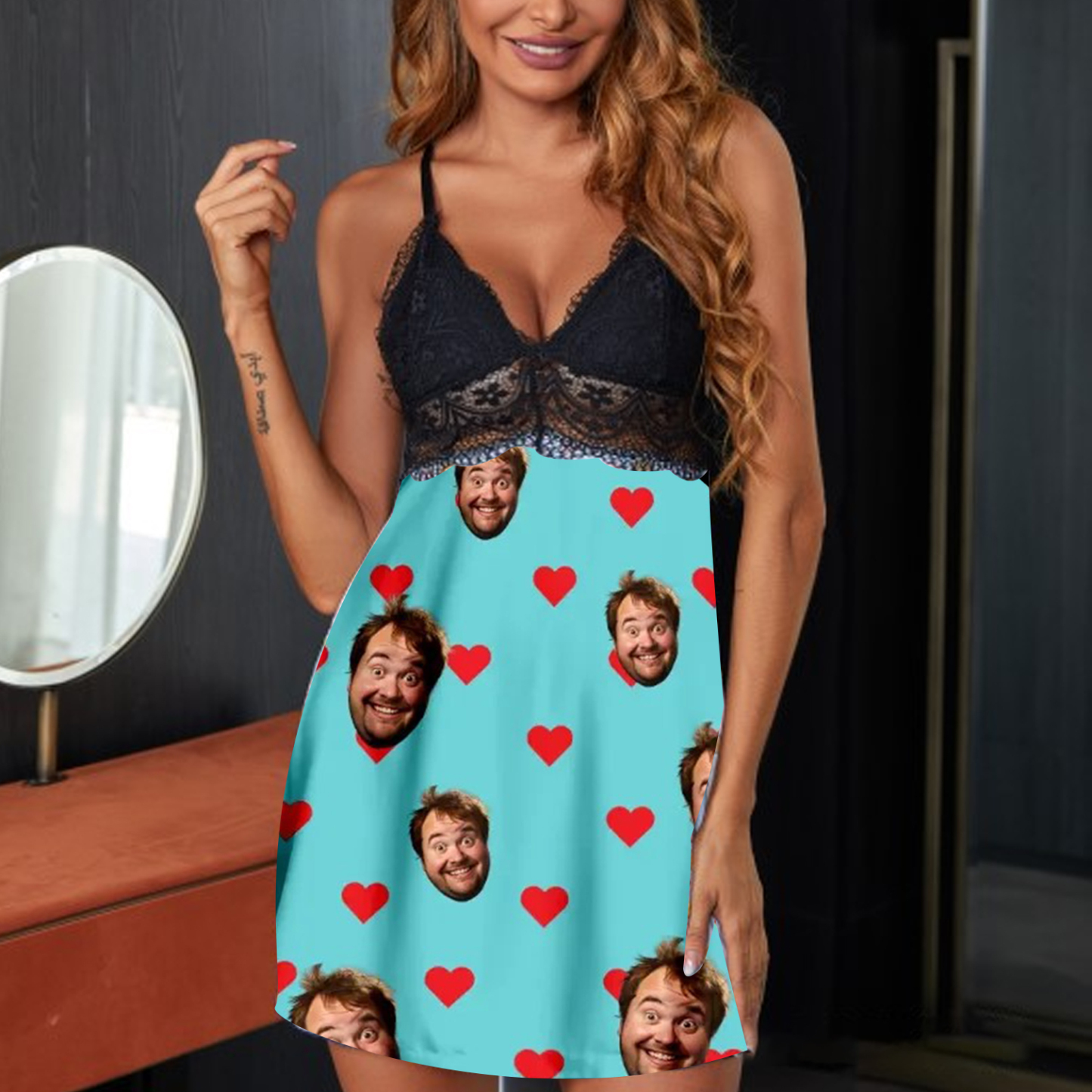 Custom Face Women Lace Suspender Sleepwear Personalized Lips V-neck Mu