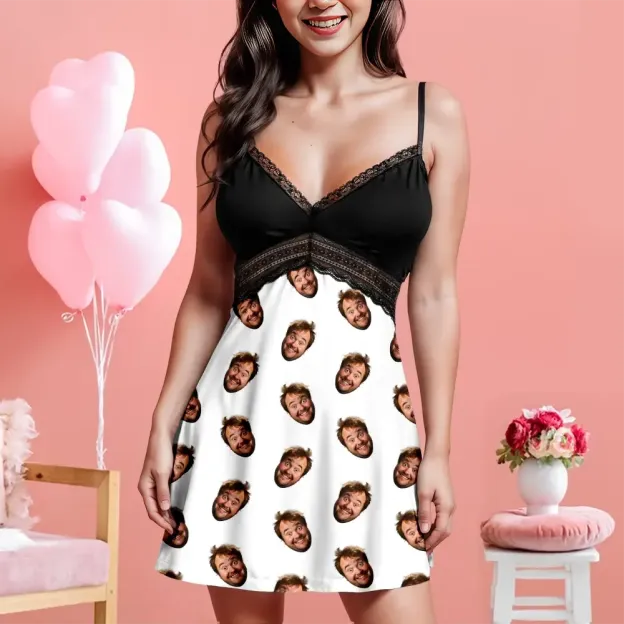 Custom Face Women Lace Suspender Sleepwear Personalized V-neck Multi-Color Nightwear