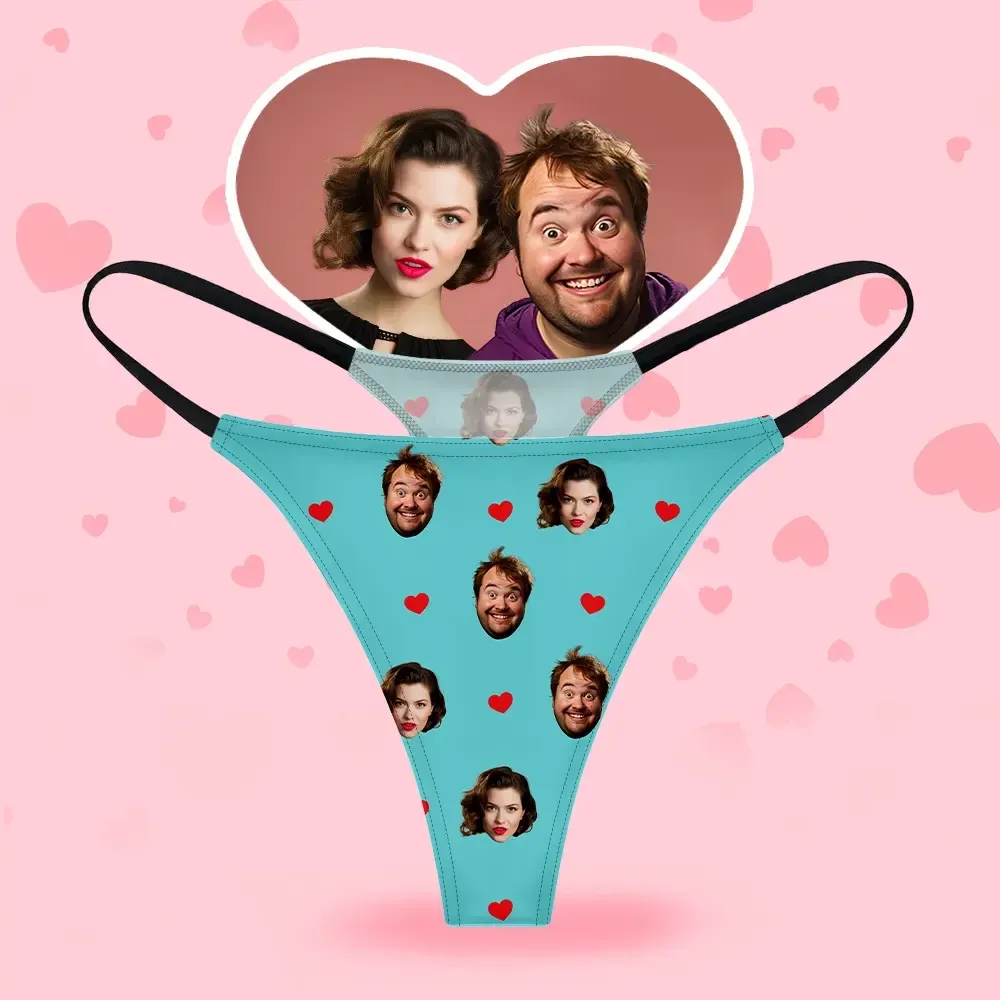 Custom Face Women's Thongs Heart Style Underwear, Birthday Gifts for Wife and Girlfriend