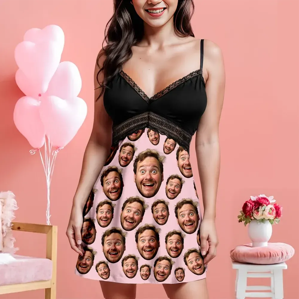 Custom Face Women Lace Suspender Sleepwear Personalized V-neck Multi-Color Nightwear