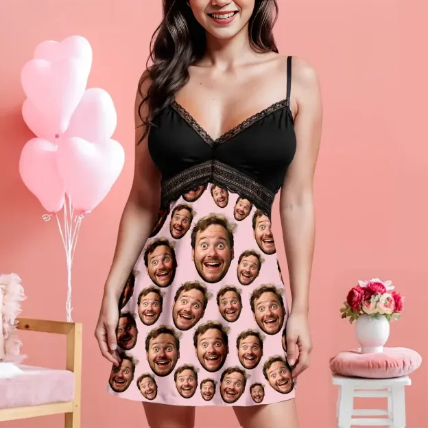 Custom Face Women Lace Suspender Sleepwear Personalized V-neck Multi-Color Nightwear