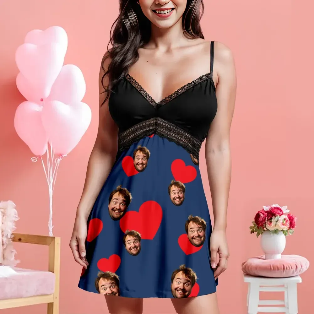 Custom Face Women Lace Suspender Sleepwear Heart Personalized V-neck Multi-Color Nightwear