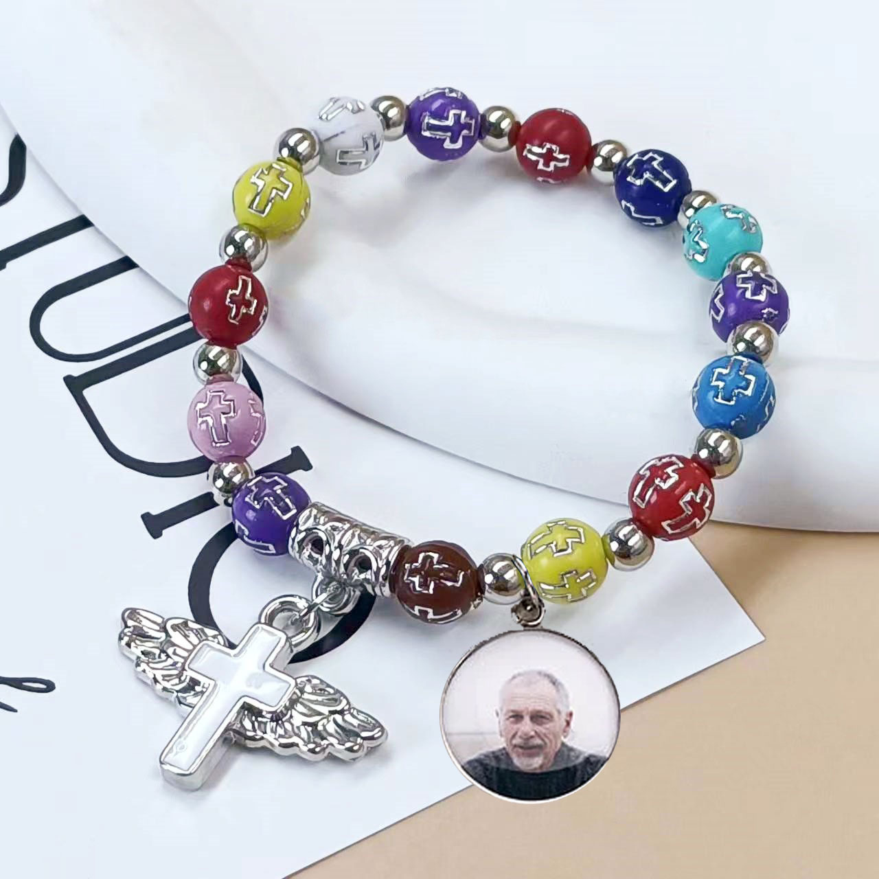 Personalized Cross Elastic Cord Memorial Bracelet