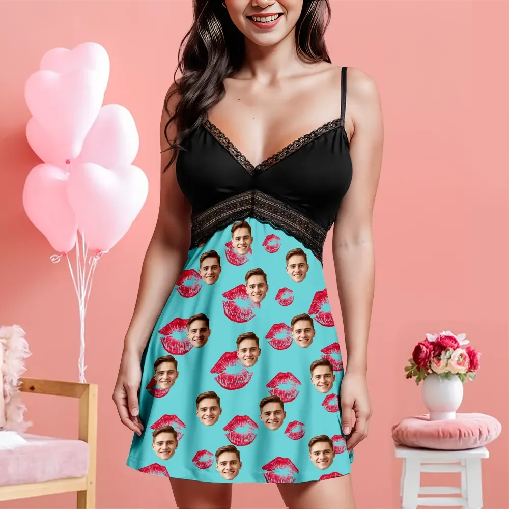 Custom Face Women Lace Suspender Sleepwear Personalized Lips V-neck Multi-Color Nightwear