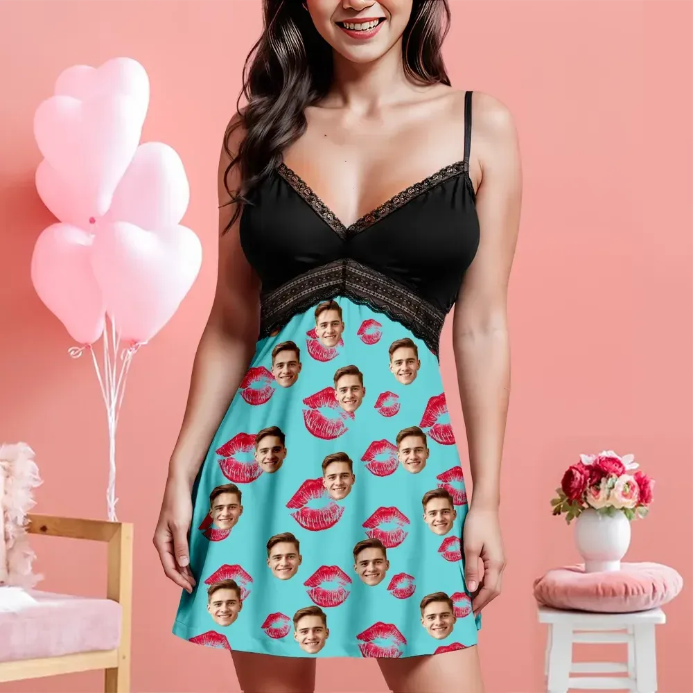 Custom Face Women Lace Suspender Sleepwear Personalized Lips V-neck Multi-Color Nightwear