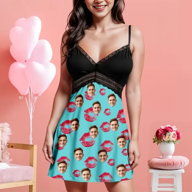 Custom Face Women Lace Suspender Sleepwear Personalized Lips V-neck Multi-Color Nightwear