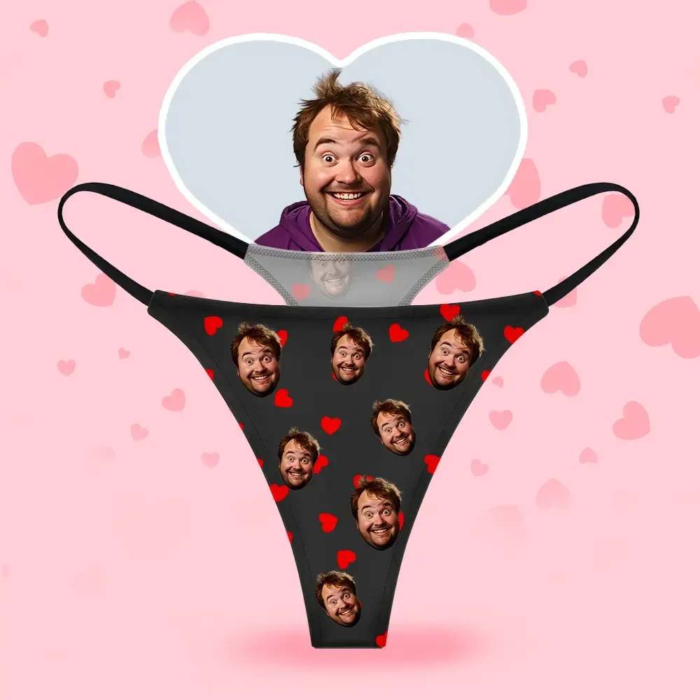 Custom Face Women's Thongs Heart Style Underwear, Birthday Gifts for Wife and Girlfriend