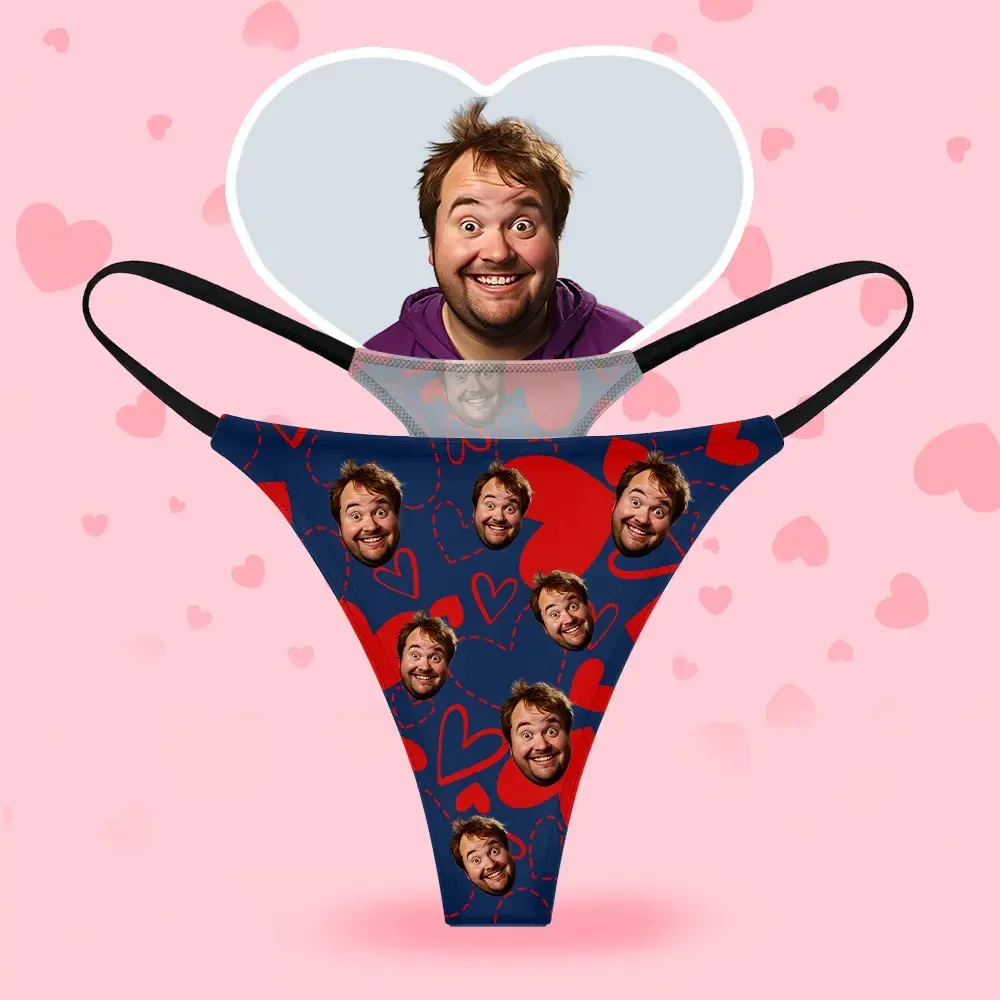 Custom Face Women's Thongs Heart Style Underwear, Birthday Gifts for Wife and Girlfriend