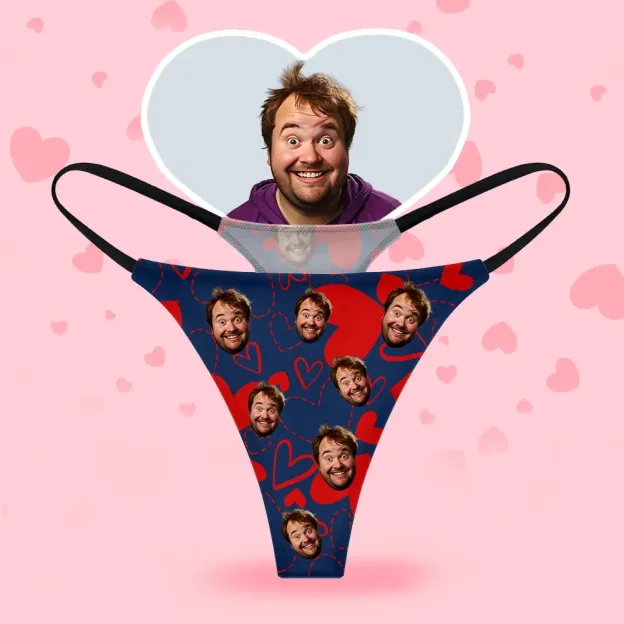 Custom Face Women's Thongs Heart Style Underwear, Birthday Gifts for Wife and Girlfriend