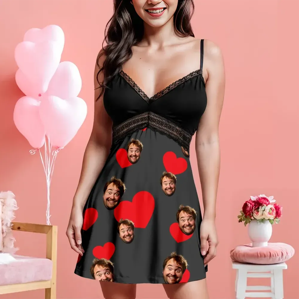 Custom Face Women Lace Suspender Sleepwear Heart Personalized V-neck Multi-Color Nightwear