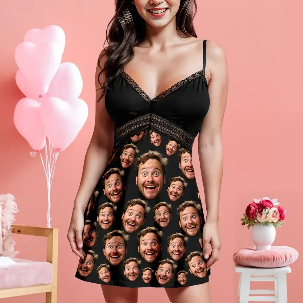 Custom Face Women Lace Suspender Sleepwear Personalized V-neck Multi-Color Nightwear