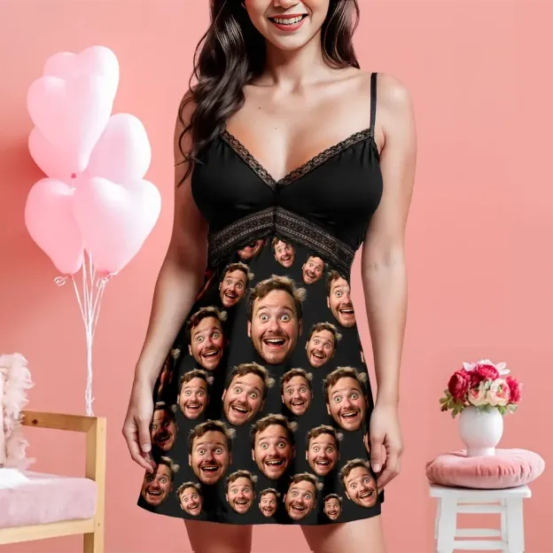 Custom Face Women Lace Suspender Sleepwear Personalized V-neck Multi-Color Nightwear