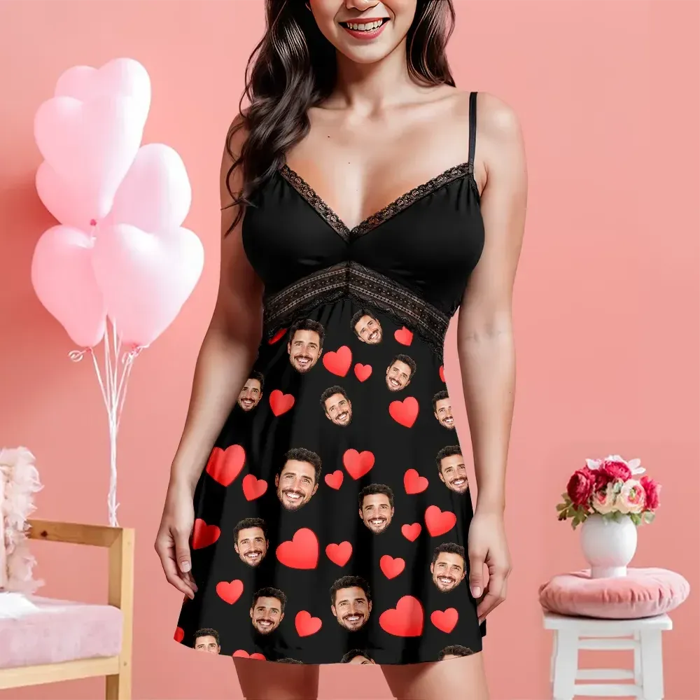 Custom Face Women Lace Suspender Sleepwear Personalized Heart V-neck Multi-Color Nightwear
