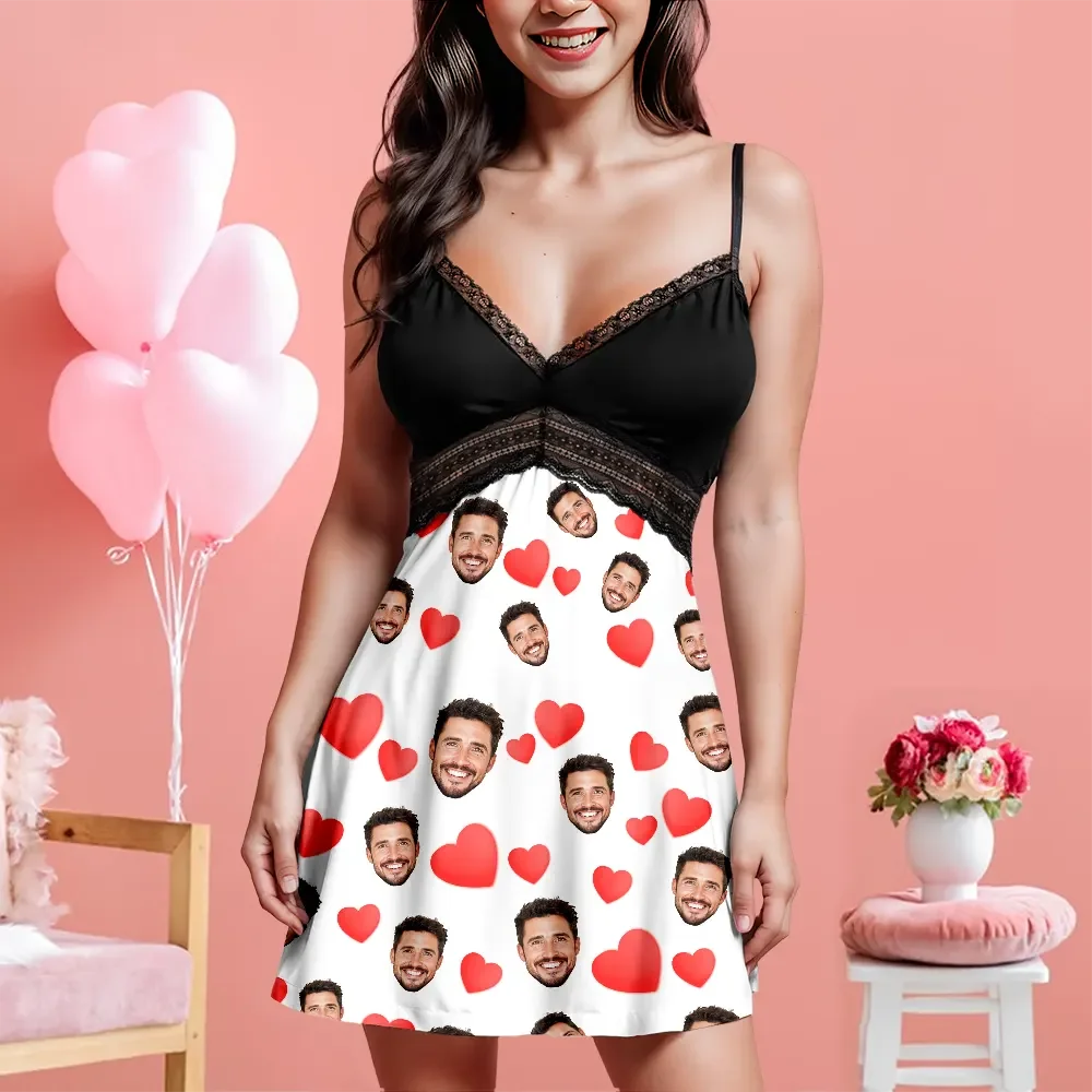 Custom Face Women Lace Suspender Sleepwear Personalized Heart V-neck Multi-Color Nightwear