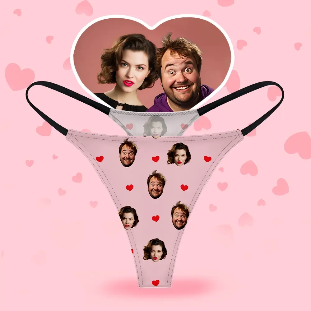 Custom Face Women's Thongs Heart Style Underwear, Birthday Gifts for Wife and Girlfriend