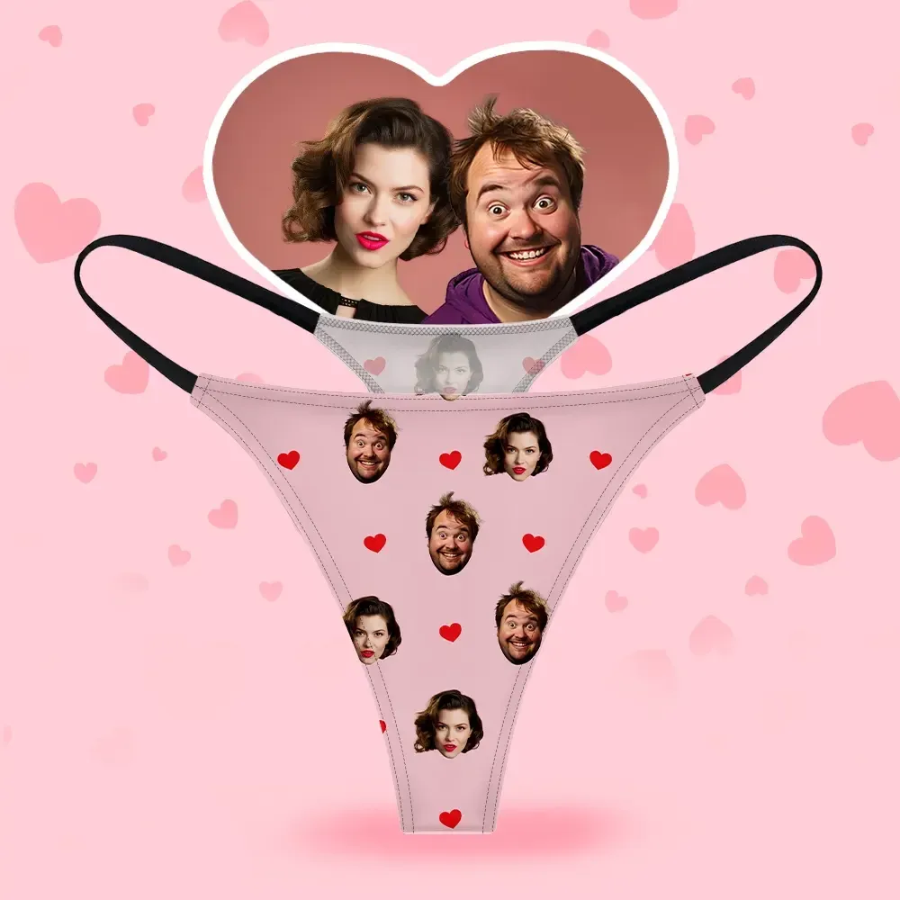 Custom Face Women's Thongs Heart Style Underwear, Birthday Gifts for Wife and Girlfriend