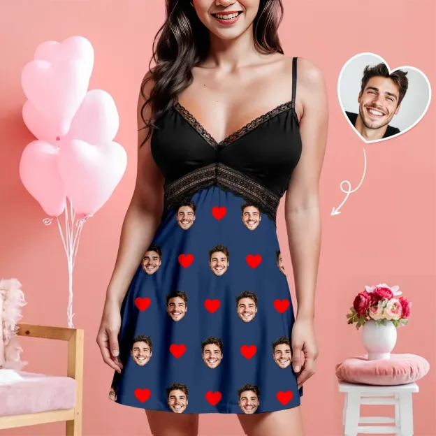 Custom Face Women Lace Suspender Sleepwear Personalized V-neck Multi-Color Nightwear