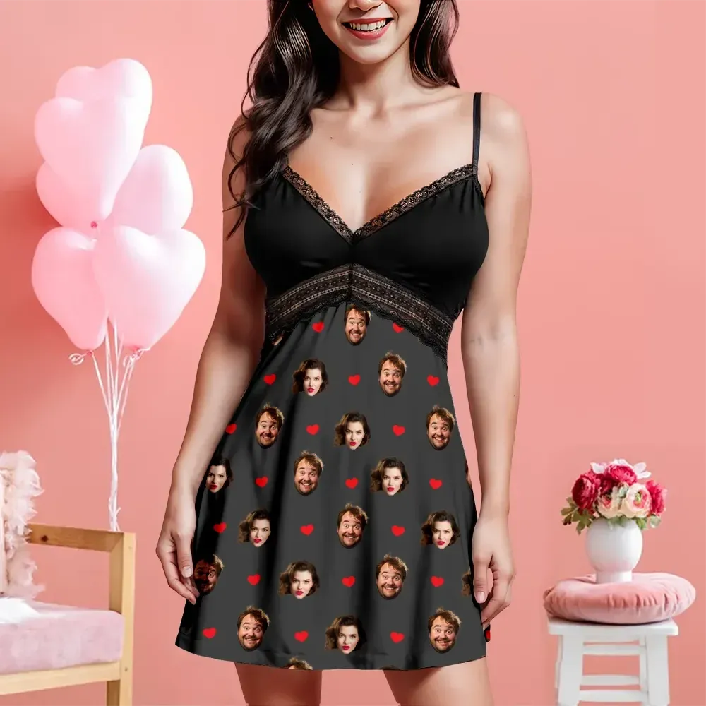 Custom Face Women Lace Suspender Sleepwear Heart Personalized V-neck Multi-Color Nightwear
