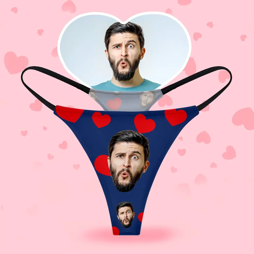 Custom Face Women's Thongs Red Heart Style Underwear, Birthday Gifts for Wife and Girlfriend