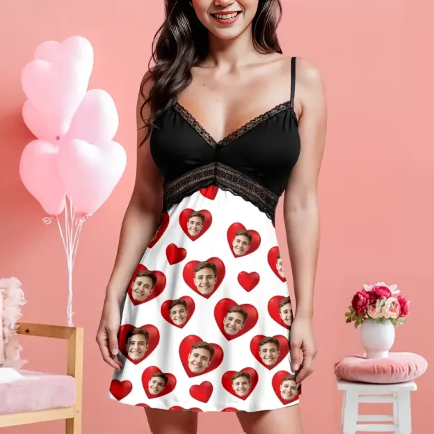 Custom Face Women Lace Suspender Sleepwear Personalized Heart V-neck Multi-Color Nightwear