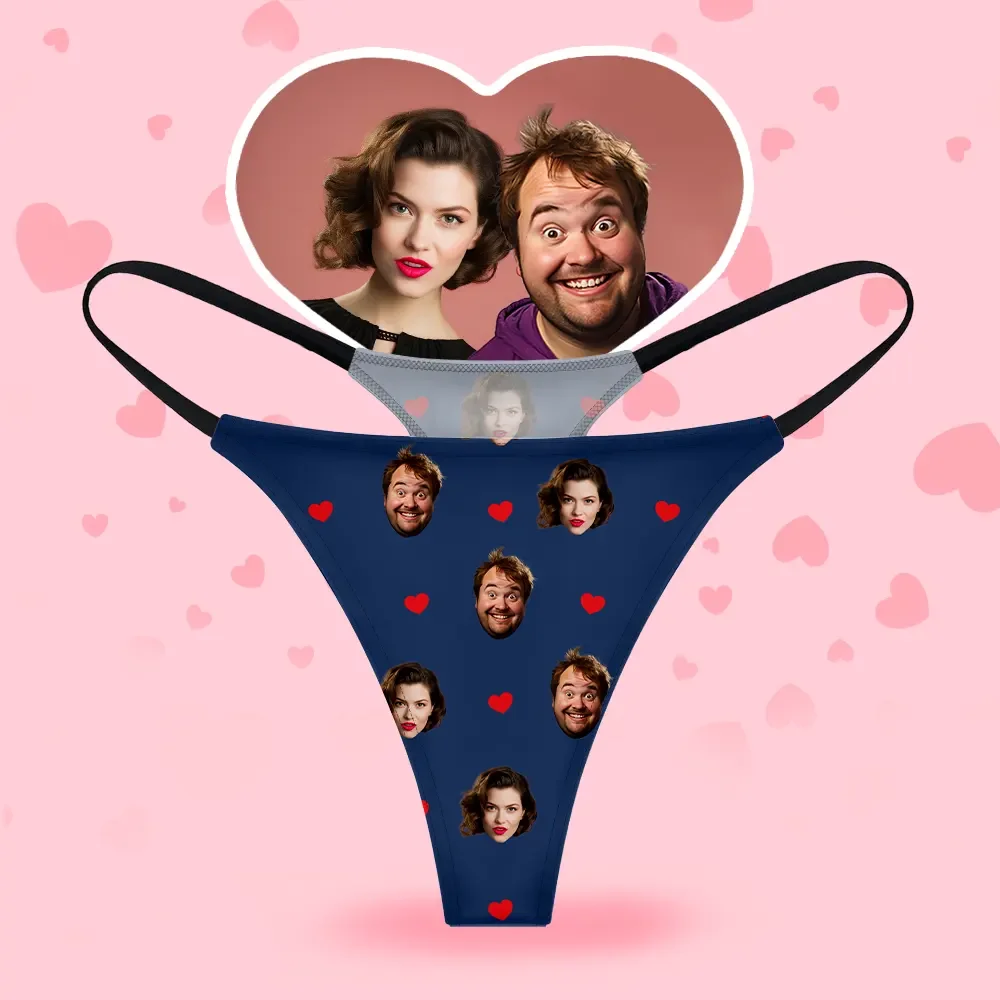 Custom Face Women's Thongs Heart Style Underwear, Birthday Gifts for Wife and Girlfriend