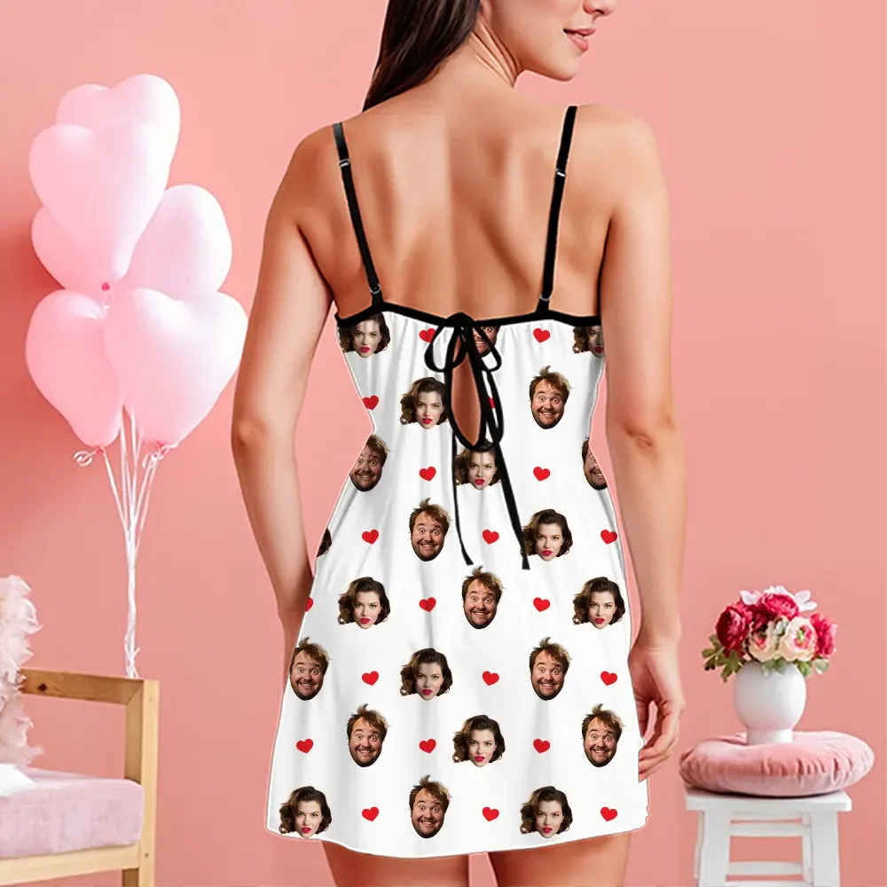 Custom Face Women Lace Suspender Sleepwear Heart Personalized V-neck Multi-Color Nightwear