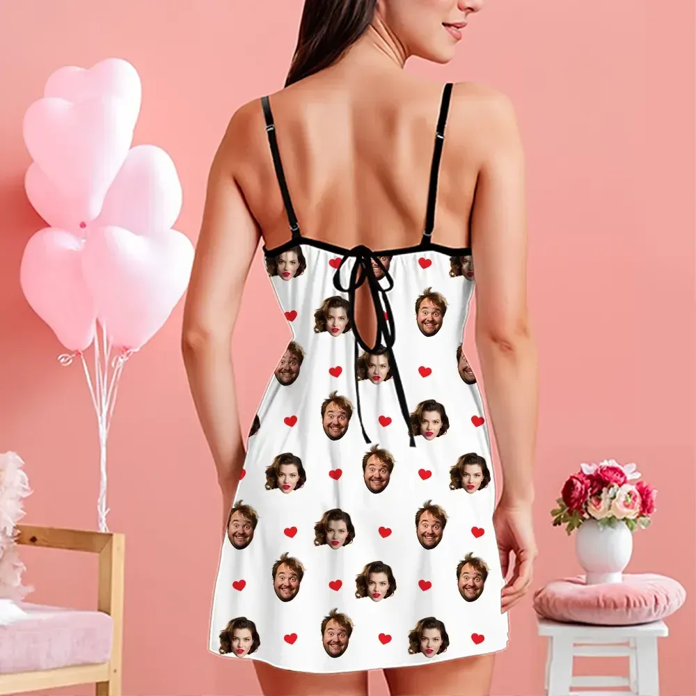 Custom Face Women Lace Suspender Sleepwear Heart Personalized V-neck Multi-Color Nightwear