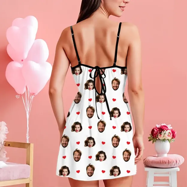 Custom Face Women Lace Suspender Sleepwear Heart Personalized V-neck Multi-Color Nightwear