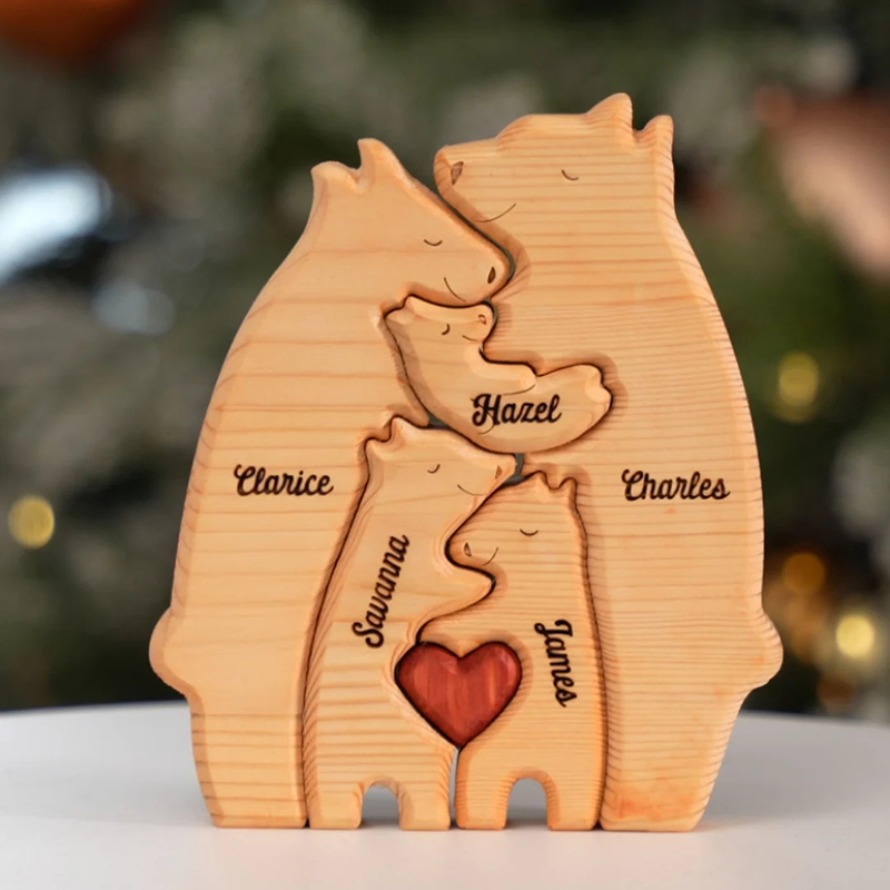 Personalized custom-made bear-shaped wooden art puzzle for families
