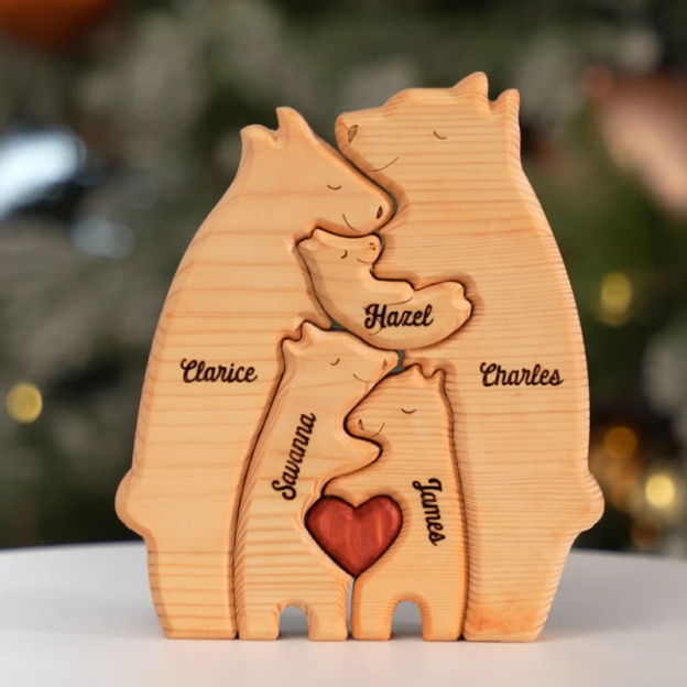 Personalized custom-made bear-shaped wooden art puzzle for families