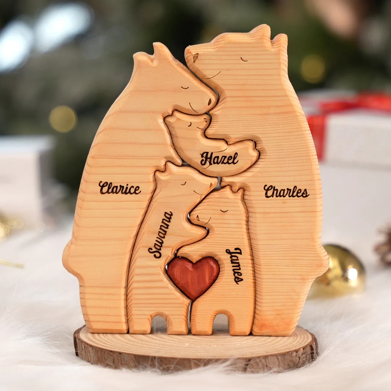 Personalized custom-made bear-shaped wooden art puzzle for families