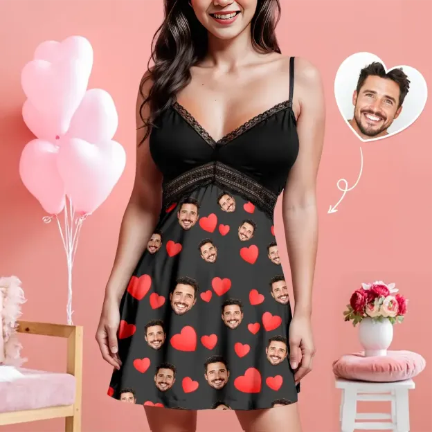 Custom Face Women Lace Suspender Sleepwear Personalized Heart V-neck Multi-Color Nightwear